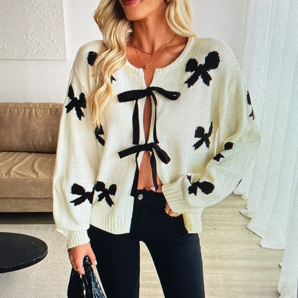 Women's Black and White Bow Sweater